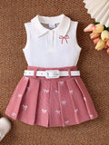 Sleeveless Ribbed Polo Tank Top & Bow‑Embroidered Pleated Skirt Set with Belt
