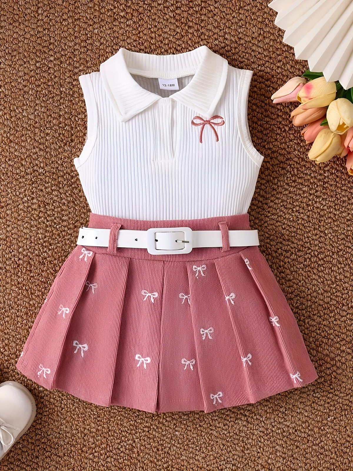 Sleeveless Ribbed Polo Tank Top & Bow‑Embroidered Pleated Skirt Set with Belt