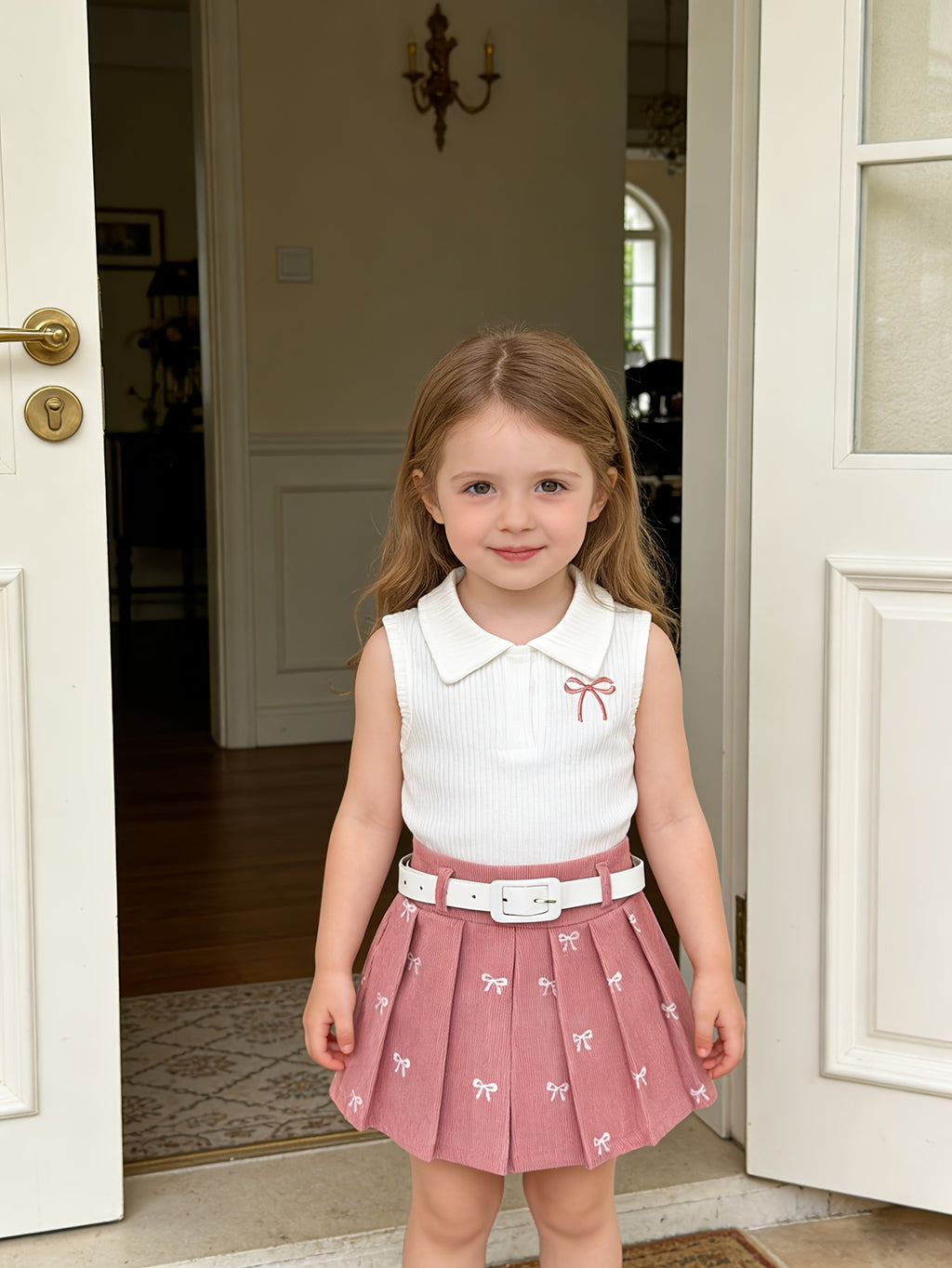 Sleeveless Ribbed Polo Tank Top & Bow‑Embroidered Pleated Skirt Set with Belt