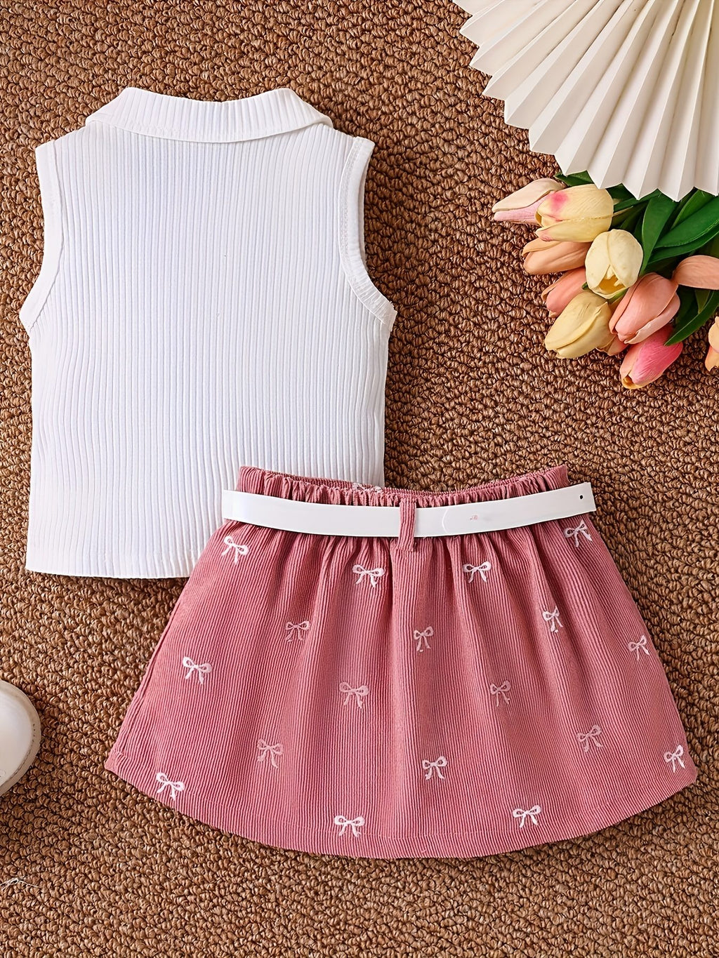 Sleeveless Ribbed Polo Tank Top & Bow‑Embroidered Pleated Skirt Set with Belt