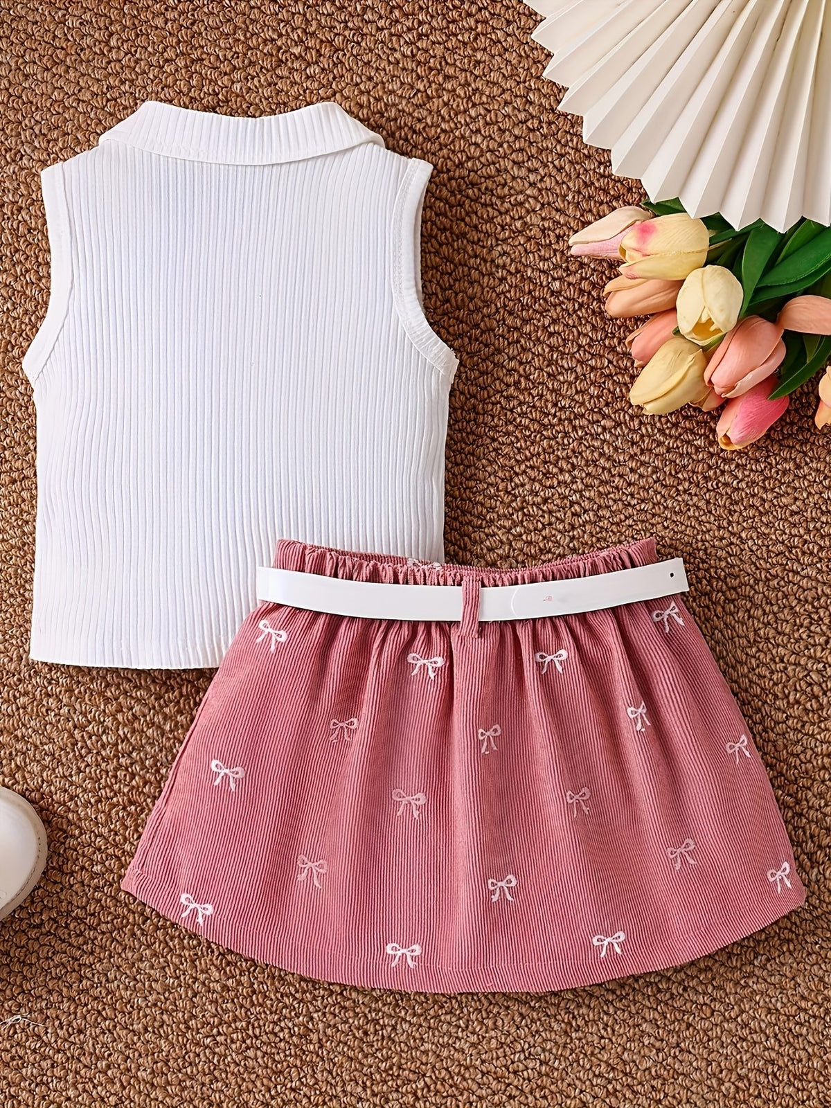 Sleeveless Ribbed Polo Tank Top & Bow‑Embroidered Pleated Skirt Set with Belt