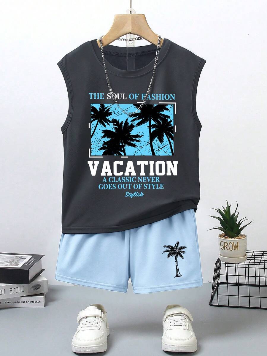 Sleeveless Tank Top & Coconut Tree Print Shorts Set