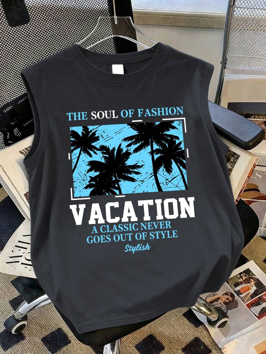 Sleeveless Tank Top & Coconut Tree Print Shorts Set