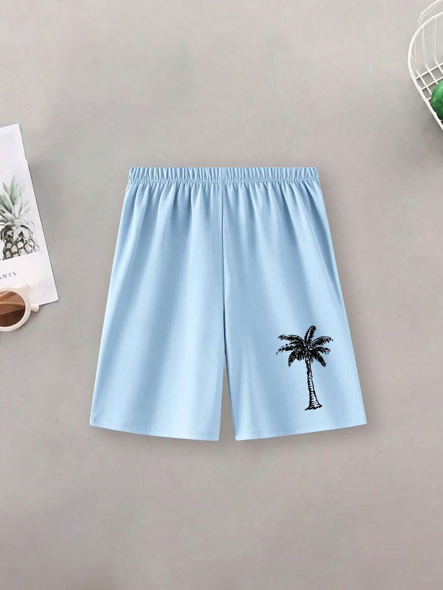Sleeveless Tank Top & Coconut Tree Print Shorts Set
