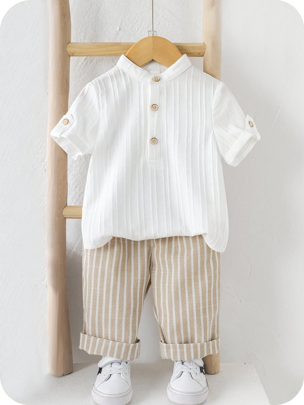 Mandarin Collar Short‑Sleeve Shirt & Striped Cropped Pants Set