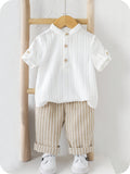 Mandarin Collar Short‑Sleeve Shirt & Striped Cropped Pants Set