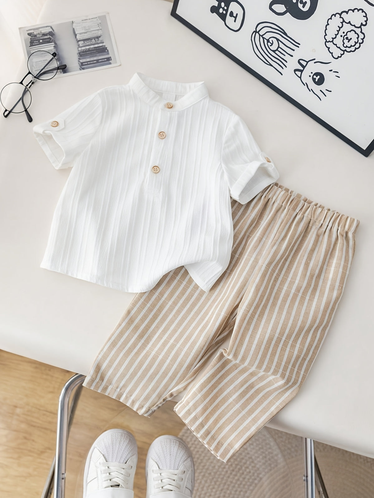 Mandarin Collar Short‑Sleeve Shirt & Striped Cropped Pants Set