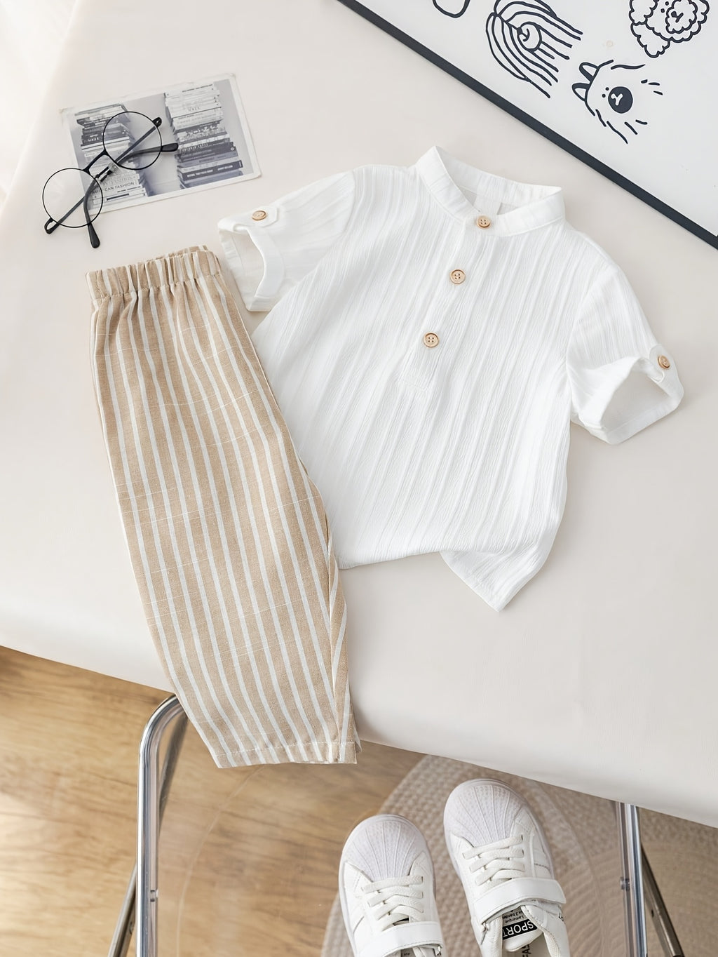 Mandarin Collar Short‑Sleeve Shirt & Striped Cropped Pants Set