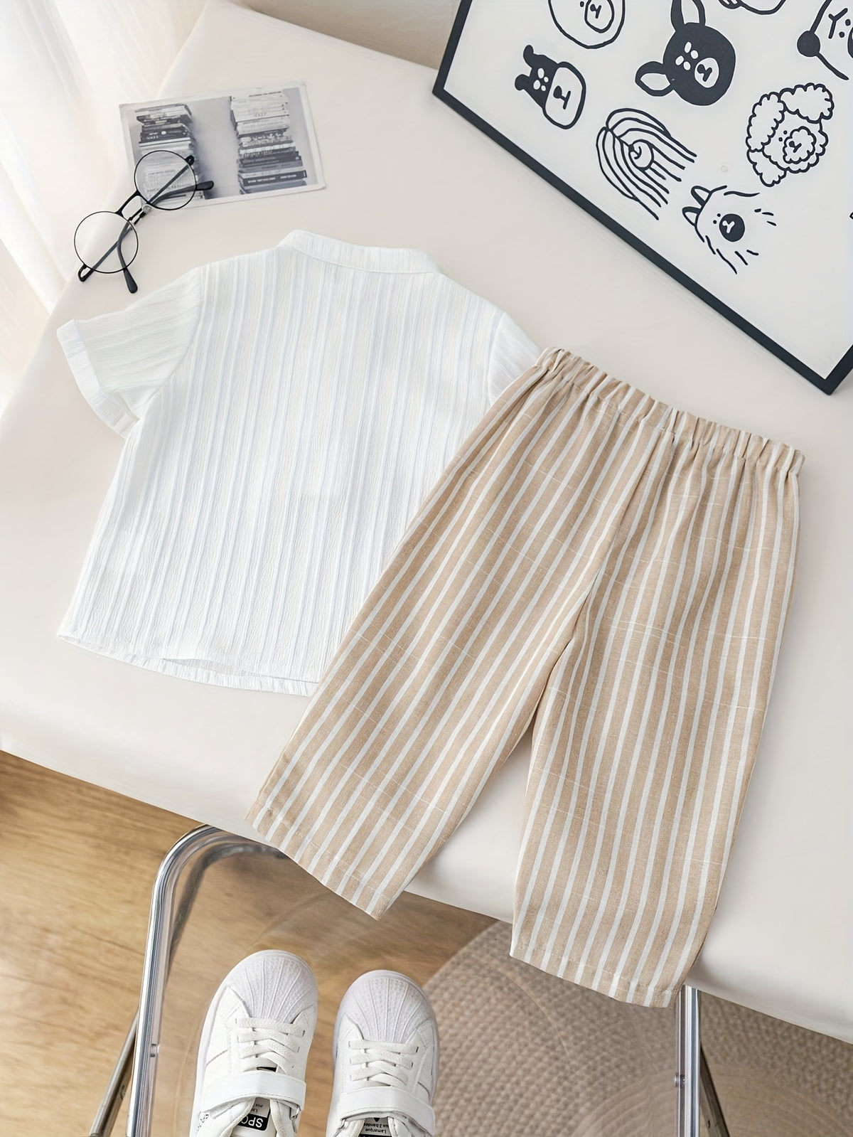 Mandarin Collar Short‑Sleeve Shirt & Striped Cropped Pants Set