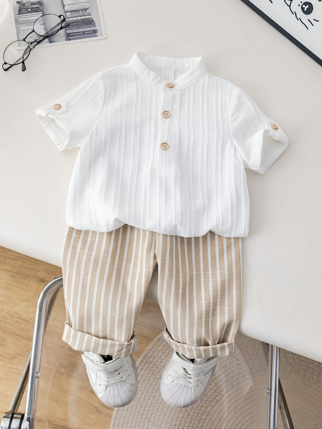 Mandarin Collar Short‑Sleeve Shirt & Striped Cropped Pants Set