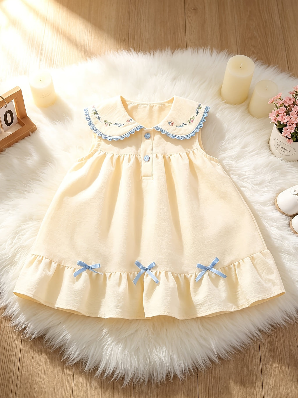 Peter‑Pan Collar Floral Embroidery Summer A‑Line Dress with Blue Bows
