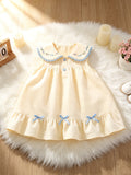 Peter‑Pan Collar Floral Embroidery Summer A‑Line Dress with Blue Bows