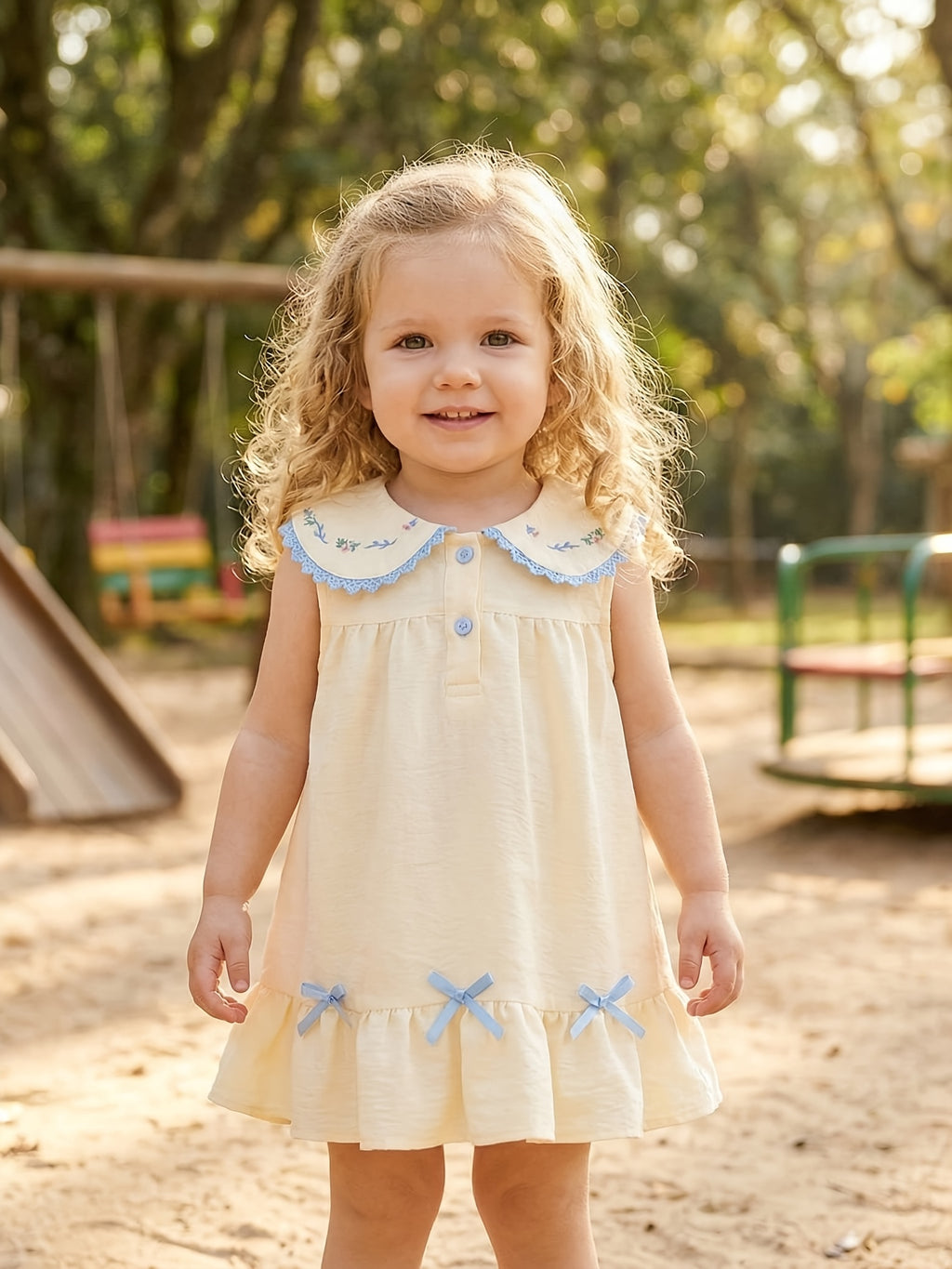 Peter‑Pan Collar Floral Embroidery Summer A‑Line Dress with Blue Bows