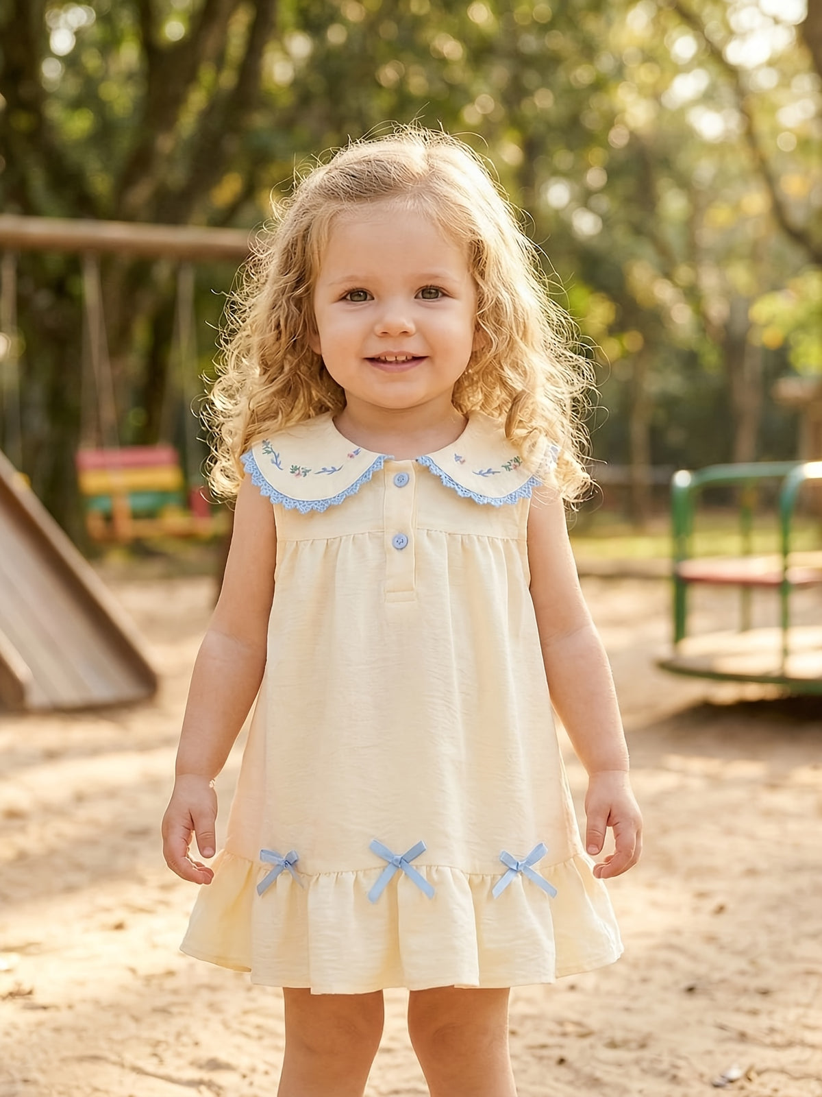 Peter‑Pan Collar Floral Embroidery Summer A‑Line Dress with Blue Bows