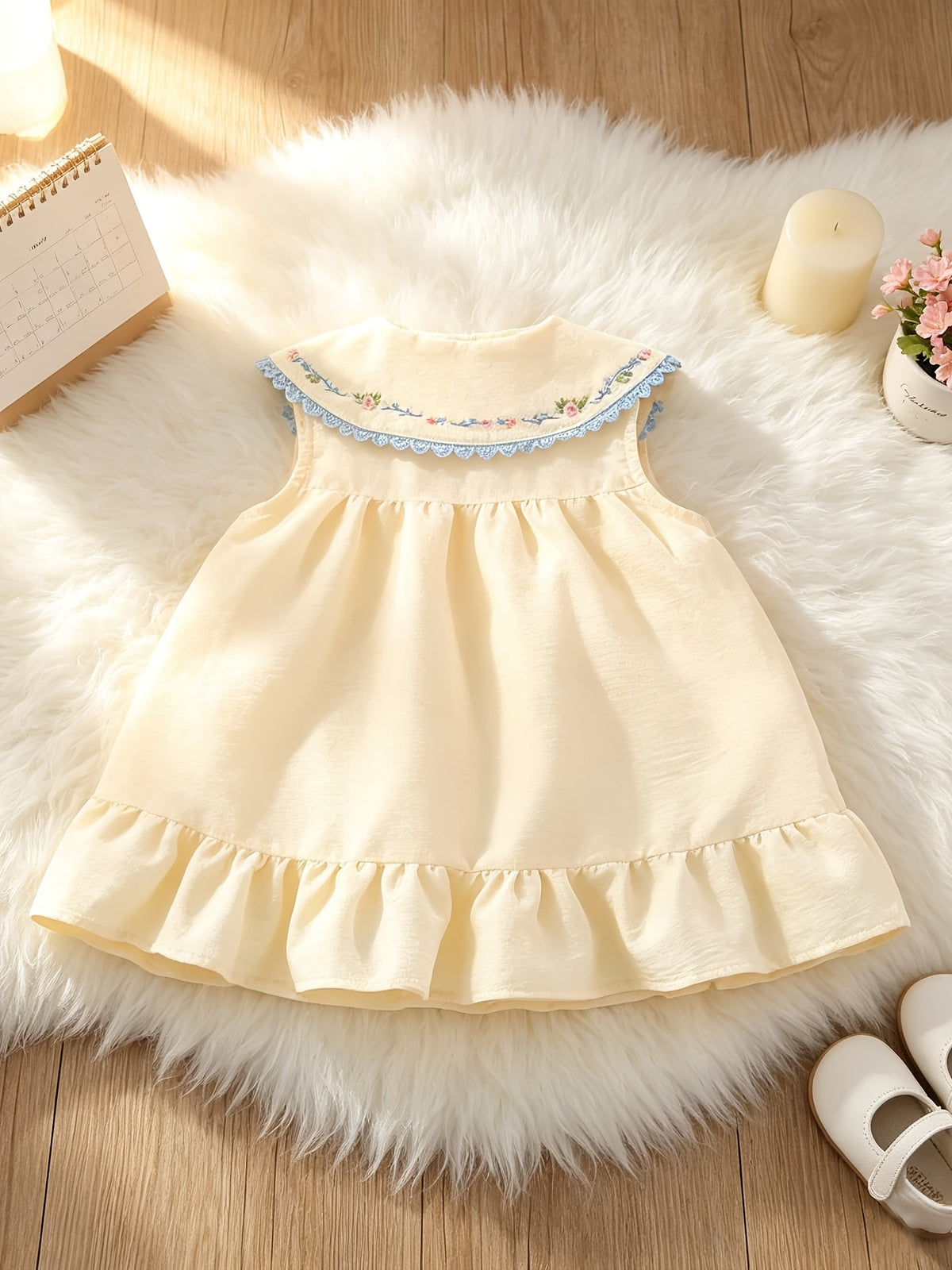 Peter‑Pan Collar Floral Embroidery Summer A‑Line Dress with Blue Bows