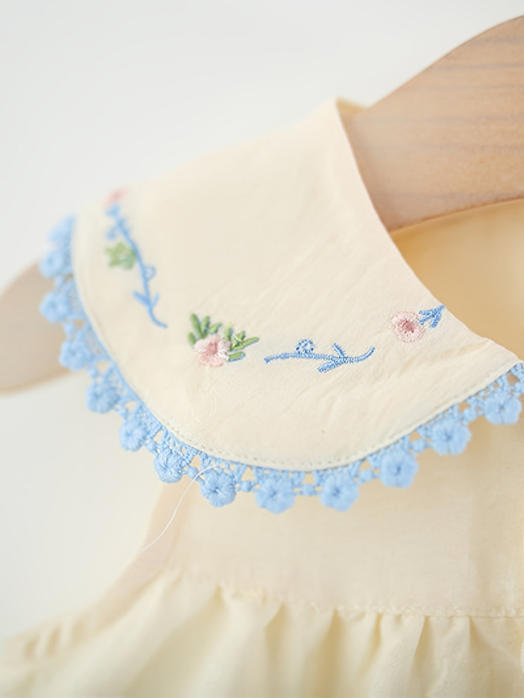 Peter‑Pan Collar Floral Embroidery Summer A‑Line Dress with Blue Bows