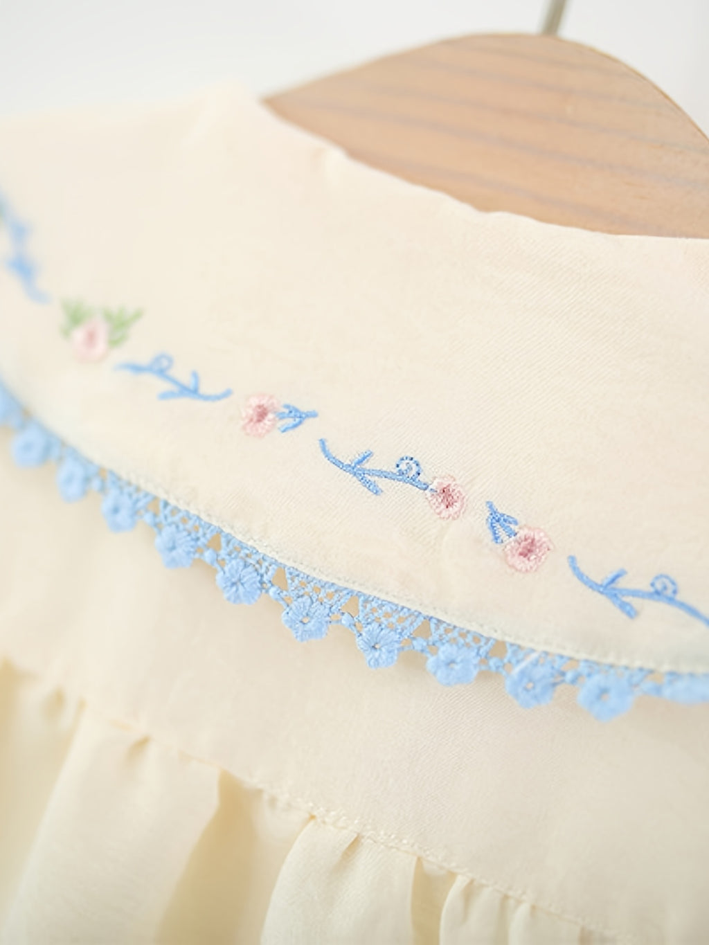 Peter‑Pan Collar Floral Embroidery Summer A‑Line Dress with Blue Bows