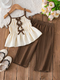 Smocked Cami Top with Back Bows & Ribbed Wide‑Leg Pants Set