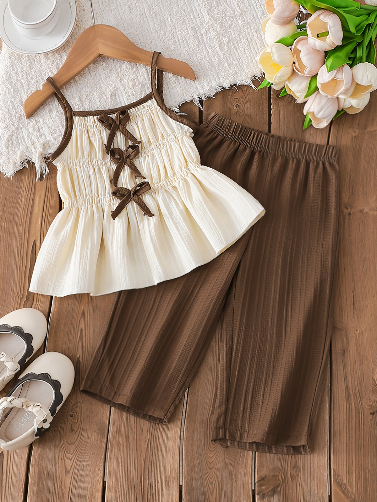 Smocked Cami Top with Back Bows & Ribbed Wide‑Leg Pants Set