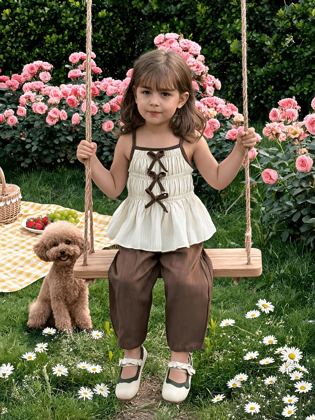 Smocked Cami Top with Back Bows & Ribbed Wide‑Leg Pants Set