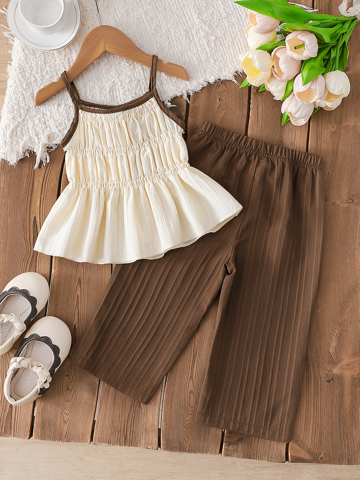 Smocked Cami Top with Back Bows & Ribbed Wide‑Leg Pants Set