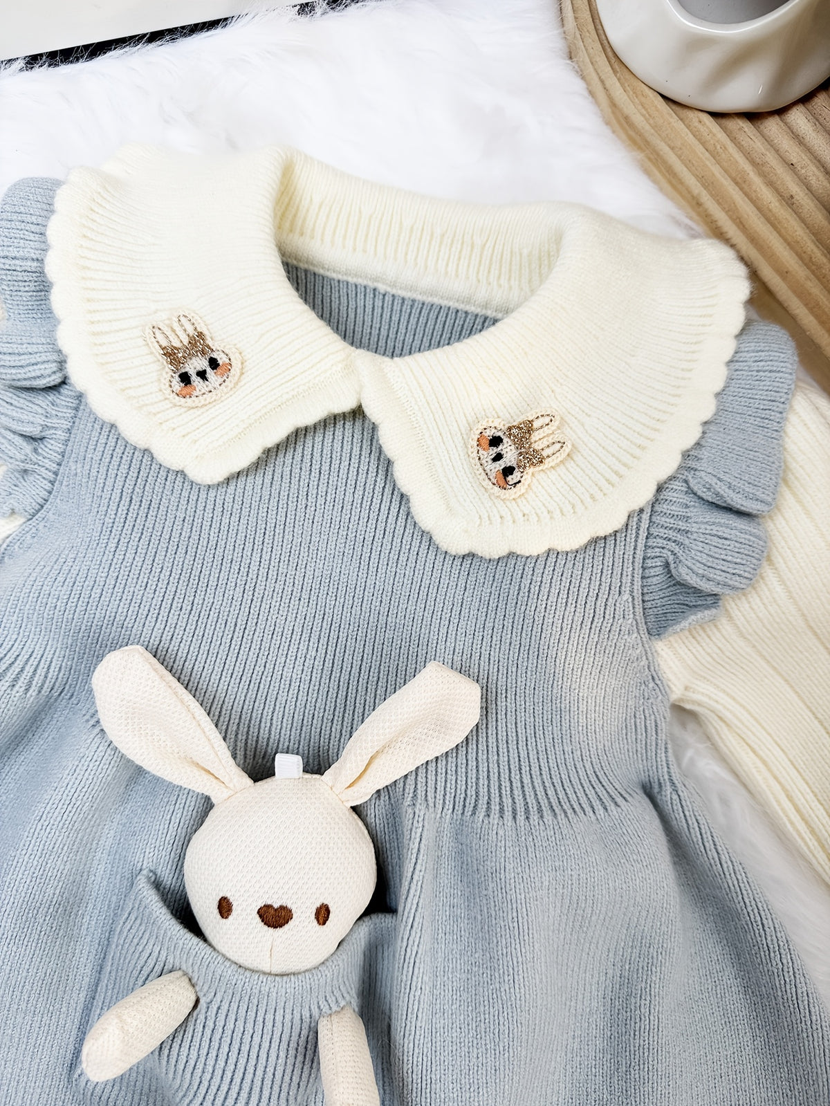 Doll Collar Long‑Sleeve Sweater Dress with Removable 3D Bunny Doll Decoration