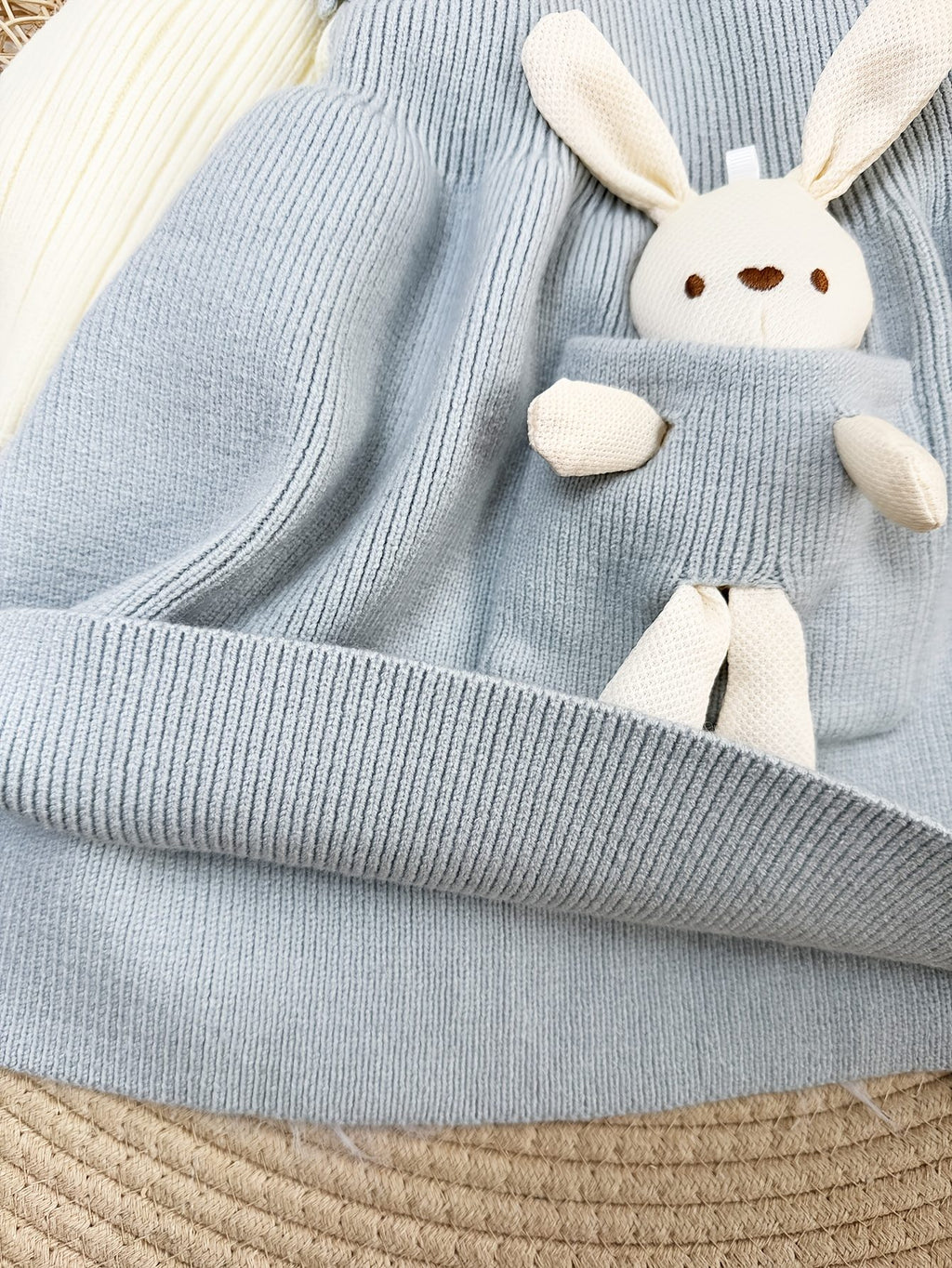 Doll Collar Long‑Sleeve Sweater Dress with Removable 3D Bunny Doll Decoration