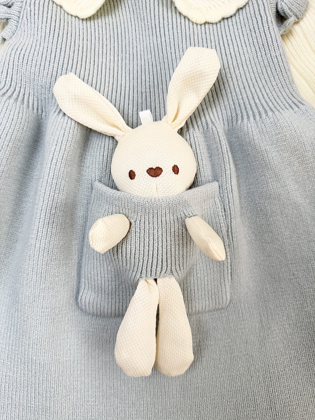 Doll Collar Long‑Sleeve Sweater Dress with Removable 3D Bunny Doll Decoration
