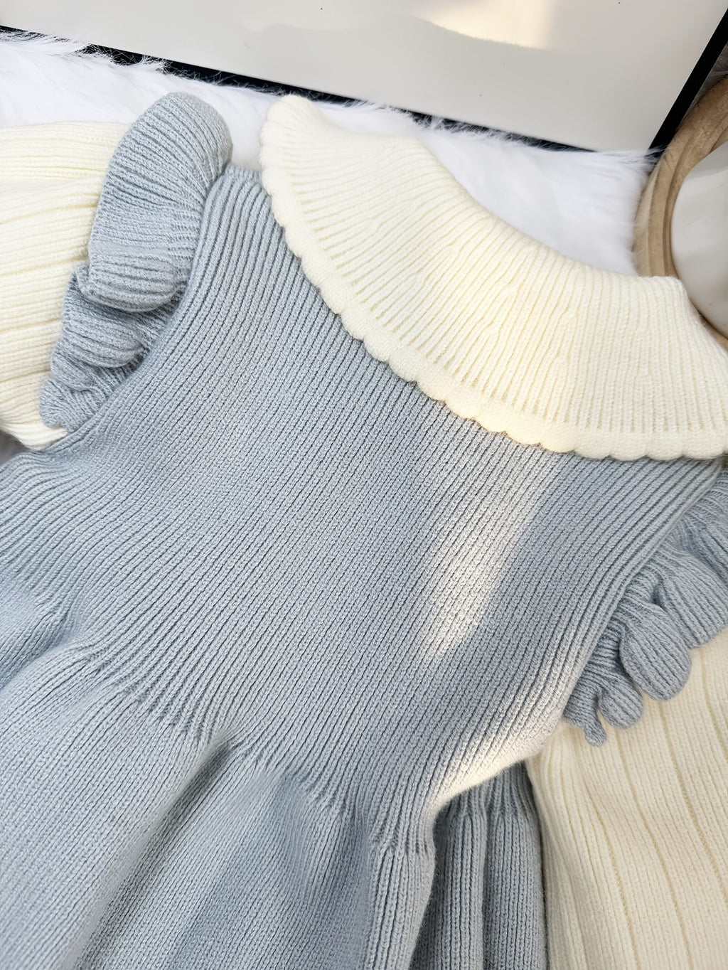 Doll Collar Long‑Sleeve Sweater Dress with Removable 3D Bunny Doll Decoration