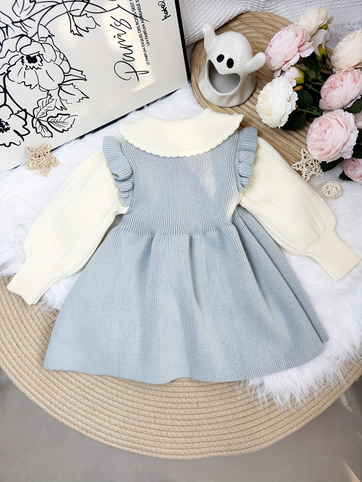 Doll Collar Long‑Sleeve Sweater Dress with Removable 3D Bunny Doll Decoration