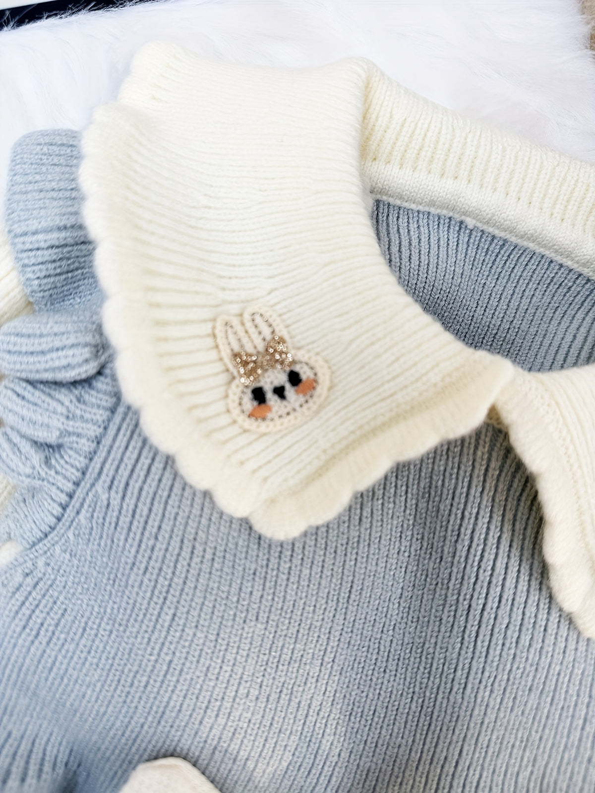 Doll Collar Long‑Sleeve Sweater Dress with Removable 3D Bunny Doll Decoration