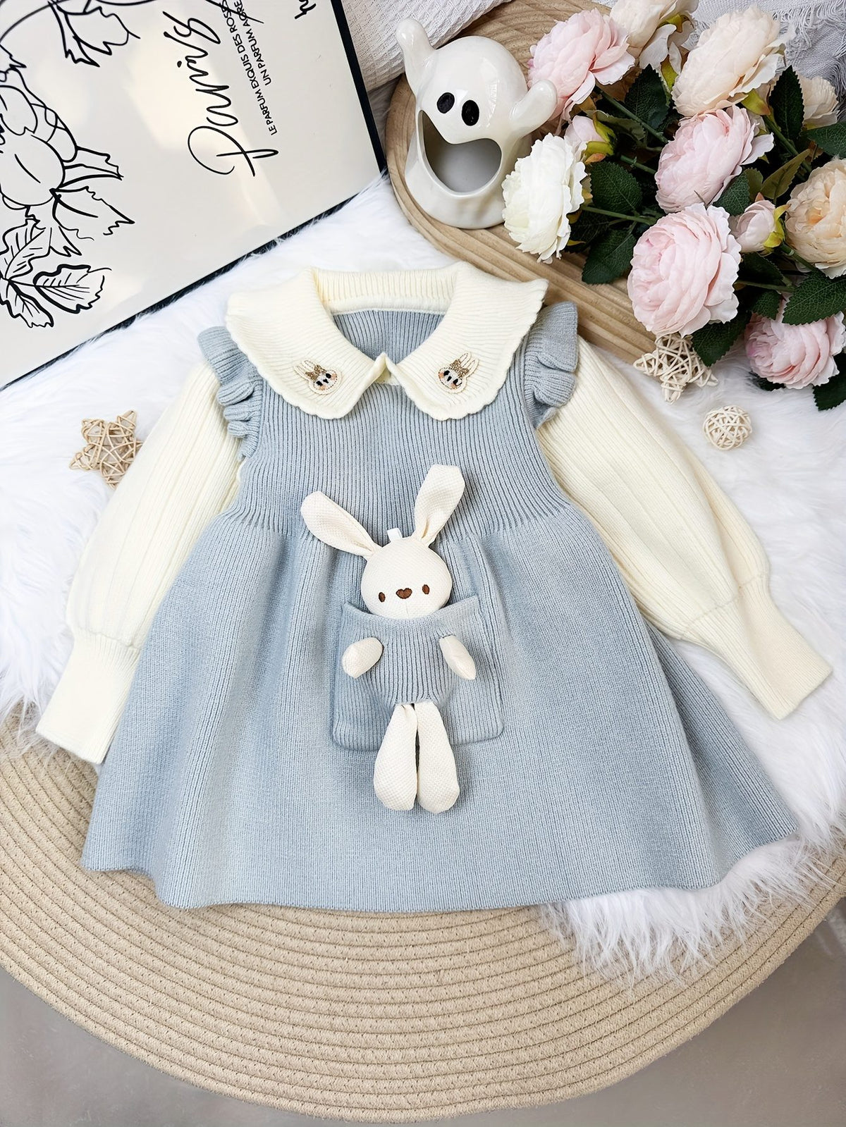 Doll Collar Long‑Sleeve Sweater Dress with Removable 3D Bunny Doll Decoration
