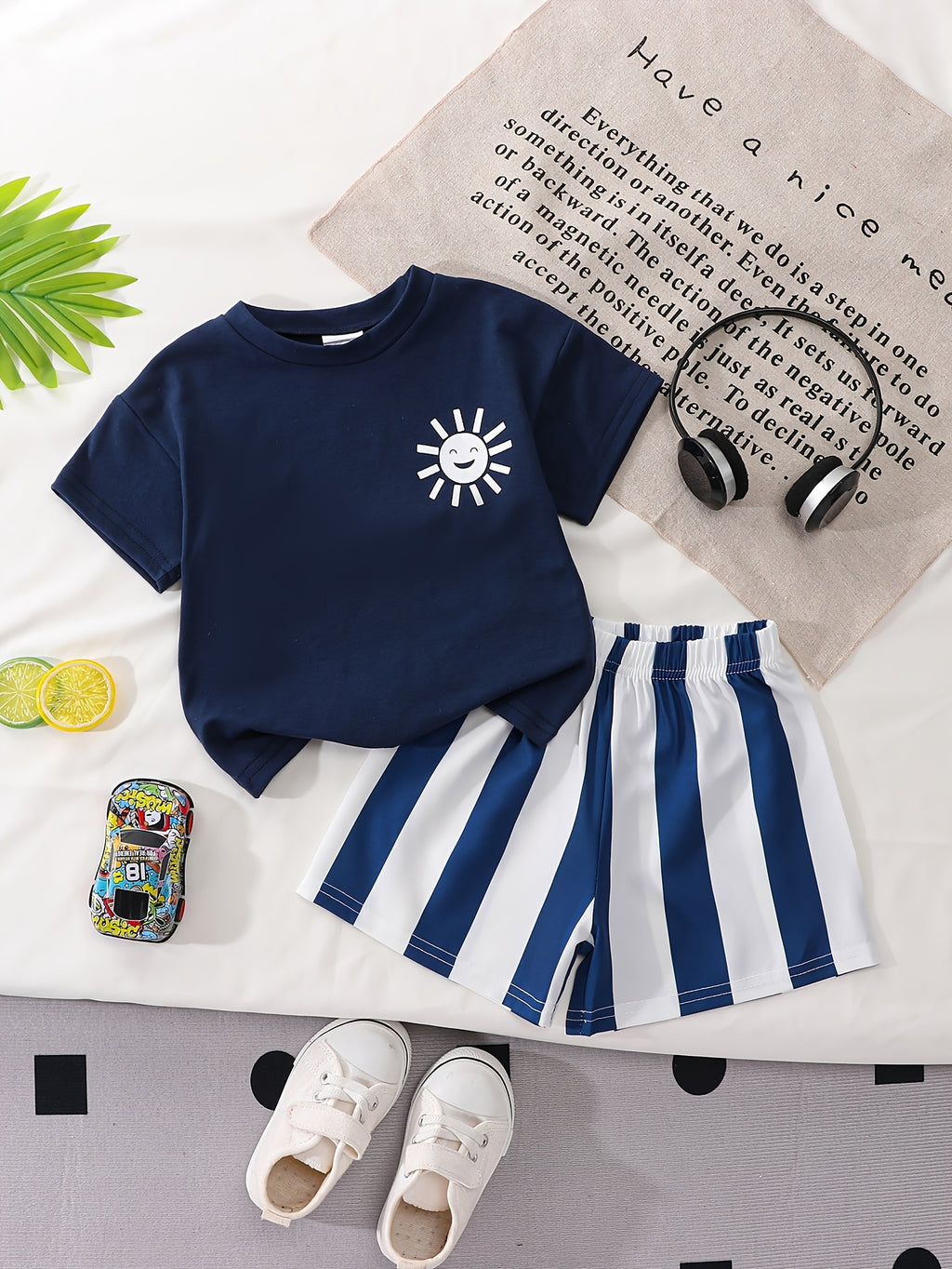 Sun Print Short‑Sleeve T‑Shirt & Vertical Striped Shorts Set