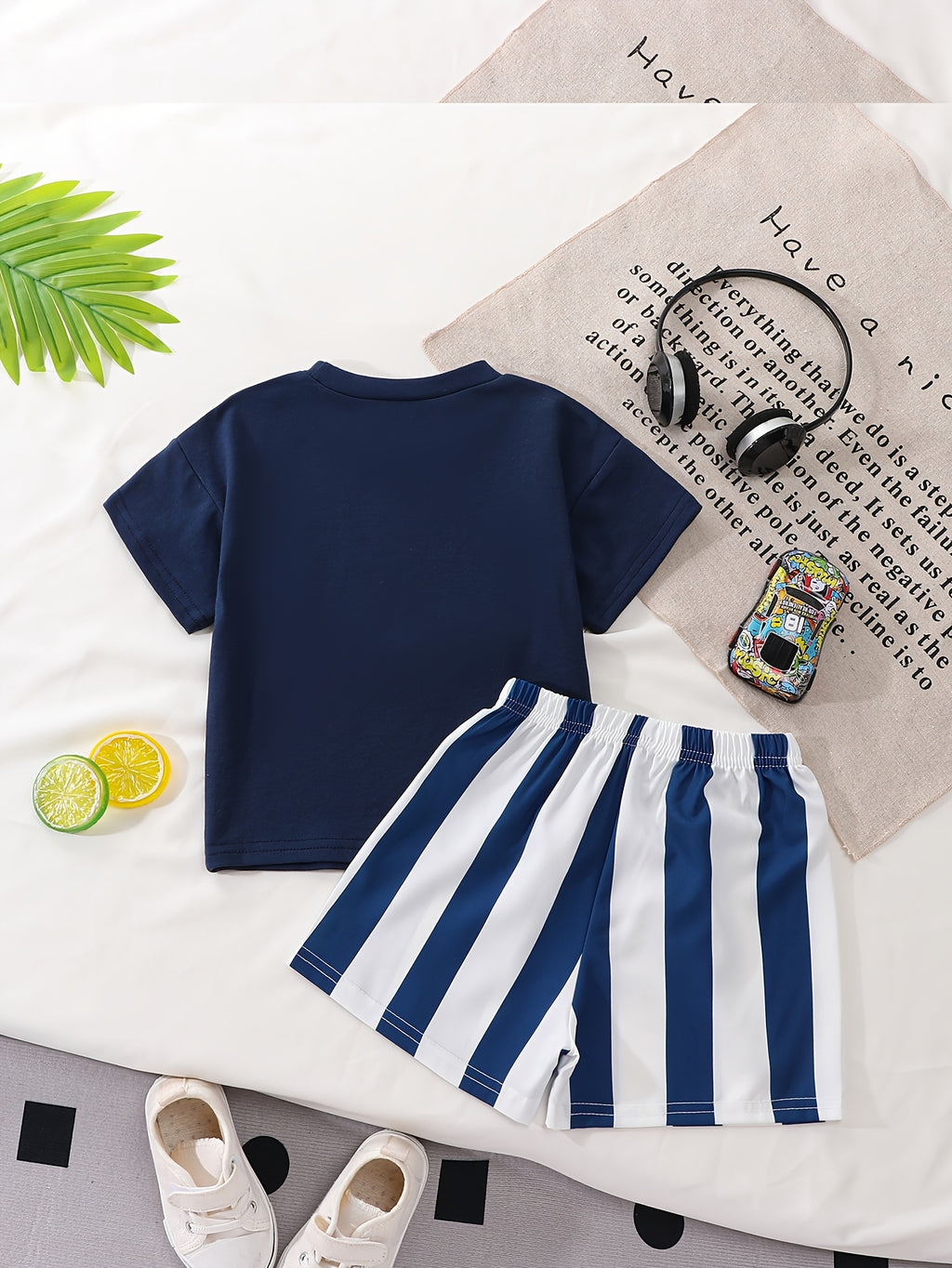 Sun Print Short‑Sleeve T‑Shirt & Vertical Striped Shorts Set