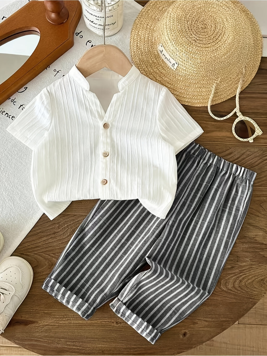Stand‑Collar Crinkle Short‑Sleeve Shirt & Striped Roll‑Up Long Pants Set