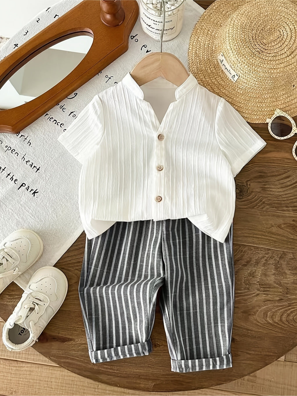 Stand‑Collar Crinkle Short‑Sleeve Shirt & Striped Roll‑Up Long Pants Set