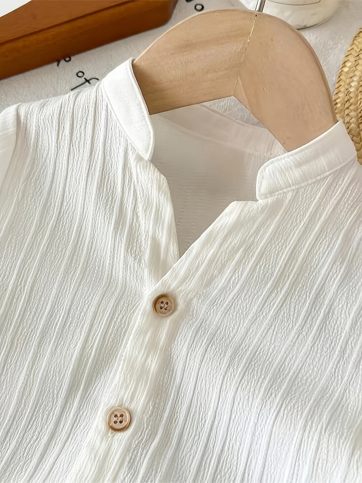 Stand‑Collar Crinkle Short‑Sleeve Shirt & Striped Roll‑Up Long Pants Set