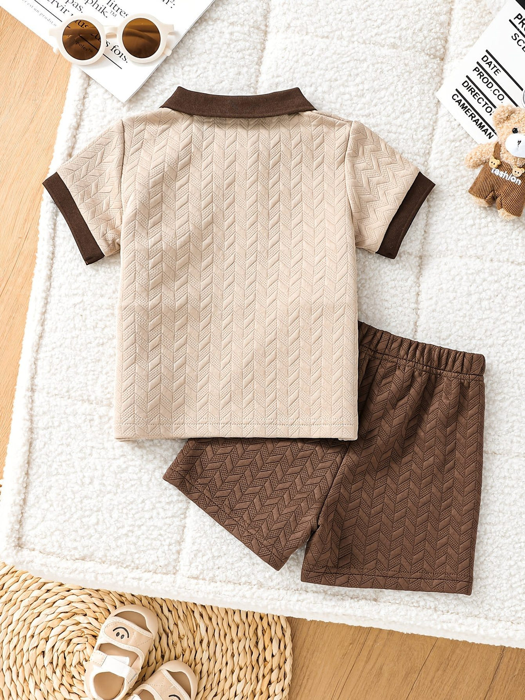 Color‑Block Textured Polo Short‑Sleeve Shirt & Shorts Set