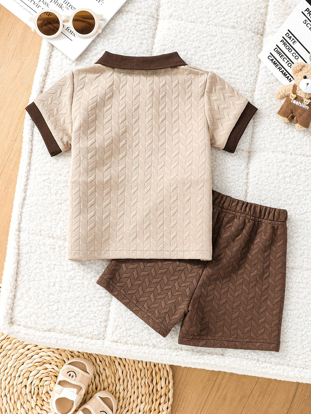 Color‑Block Textured Polo Short‑Sleeve Shirt & Shorts Set
