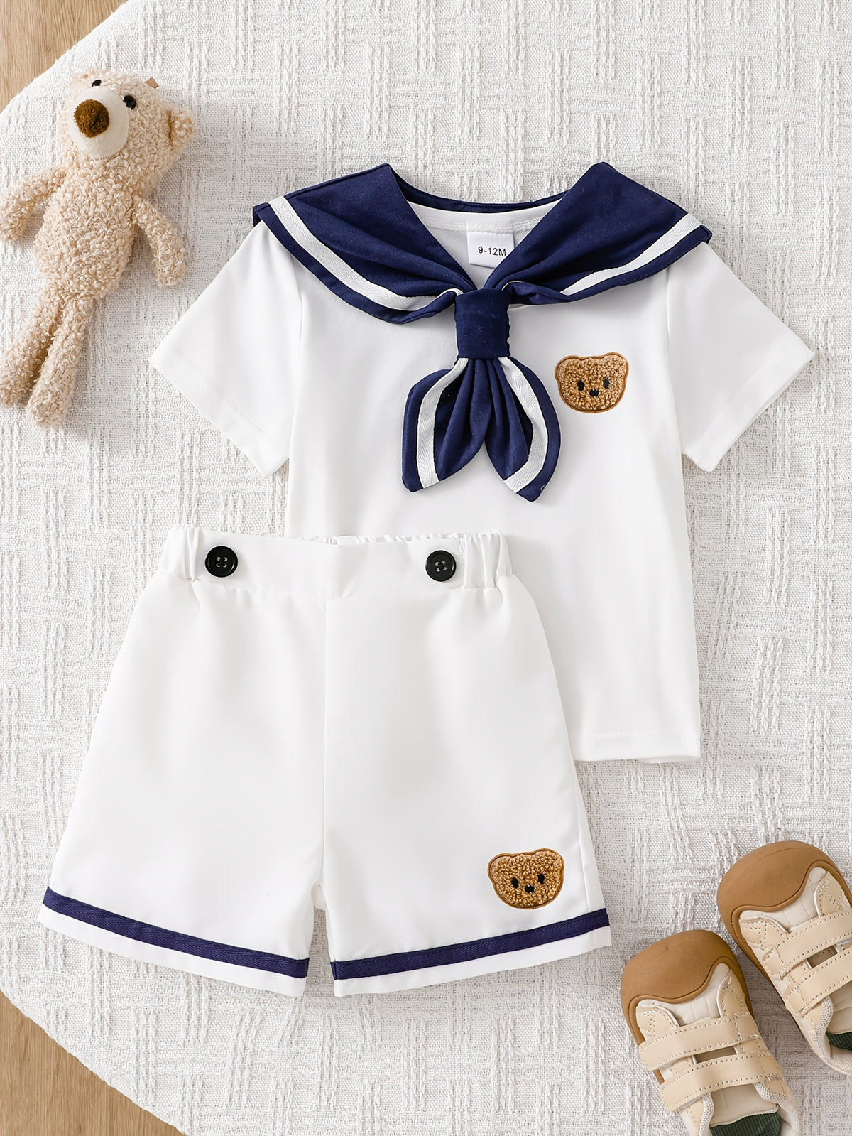 Short‑Sleeve Top & Shorts Set with Bear Embroidery