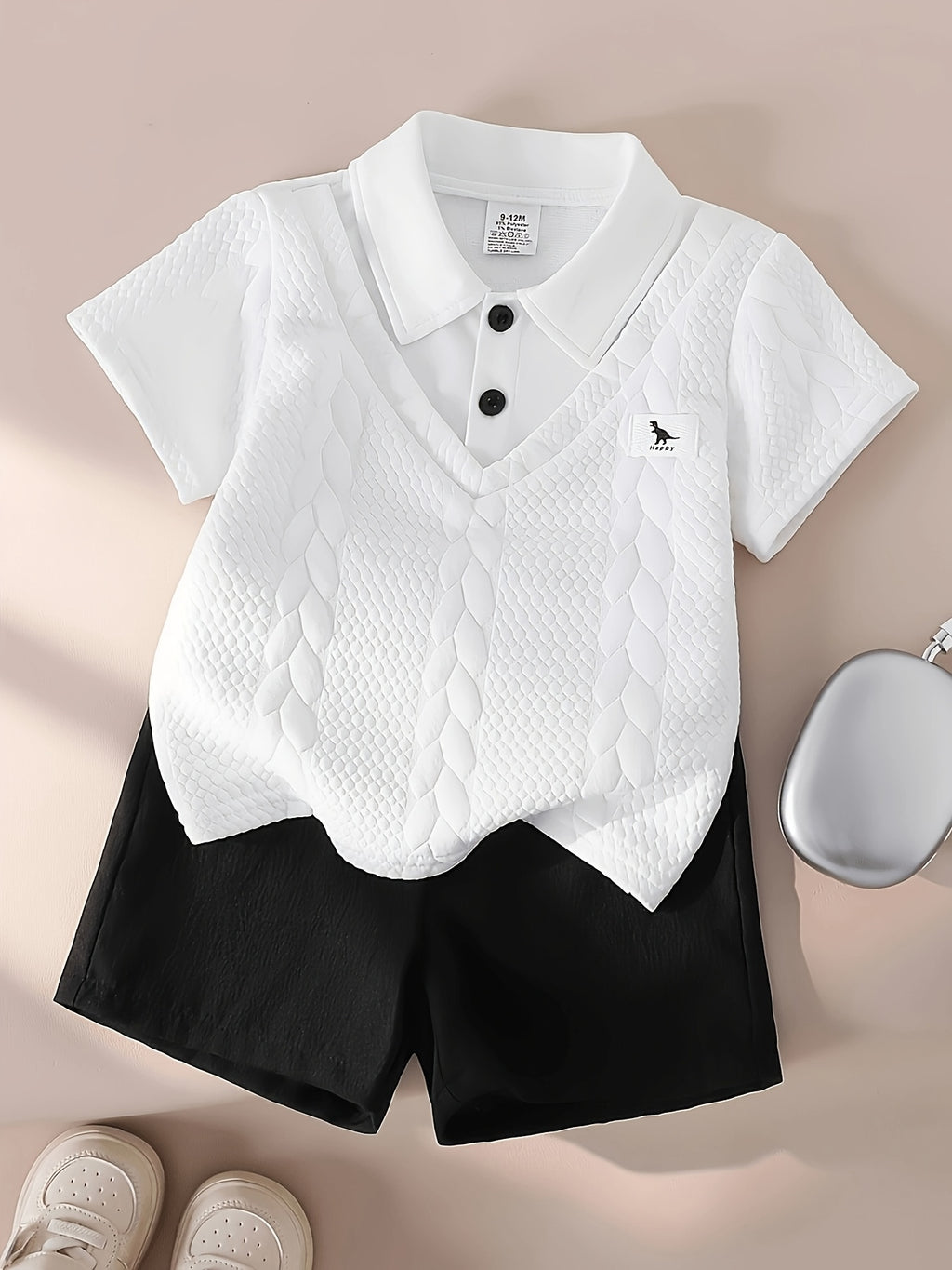 Textured Short‑Sleeve Polo Shirt & Casual Black Shorts Set