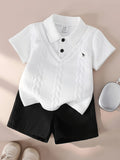 Textured Short‑Sleeve Polo Shirt & Casual Black Shorts Set