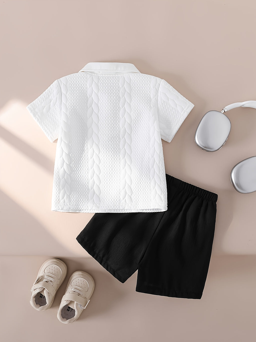 Textured Short‑Sleeve Polo Shirt & Casual Black Shorts Set