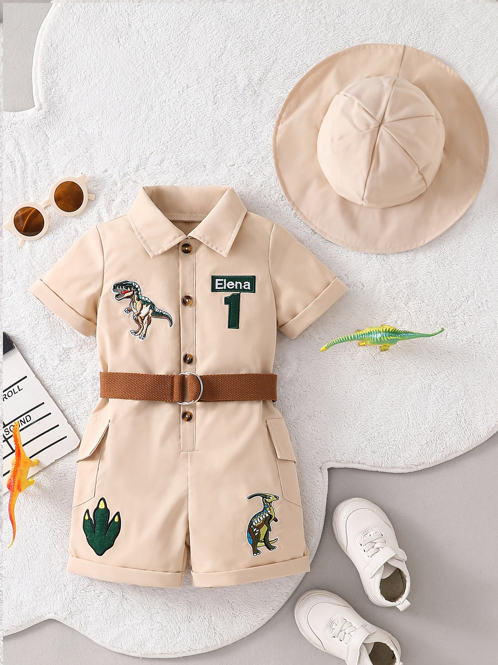 Dinosaur Embroidery Short Sleeve Romper with Belt & Sun Hat