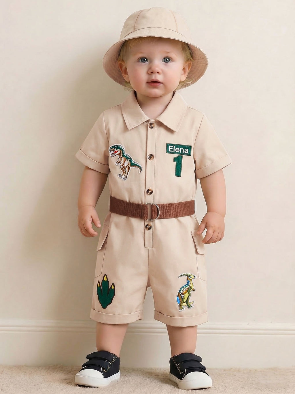 Dinosaur Embroidery Short Sleeve Romper with Belt & Sun Hat
