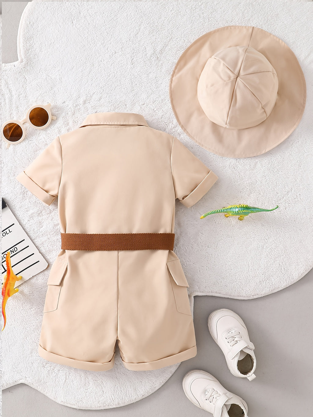 Dinosaur Embroidery Short Sleeve Romper with Belt & Sun Hat