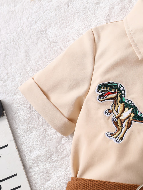 Dinosaur Embroidery Short Sleeve Romper with Belt & Sun Hat