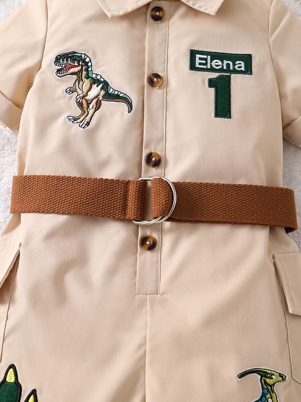 Dinosaur Embroidery Short Sleeve Romper with Belt & Sun Hat