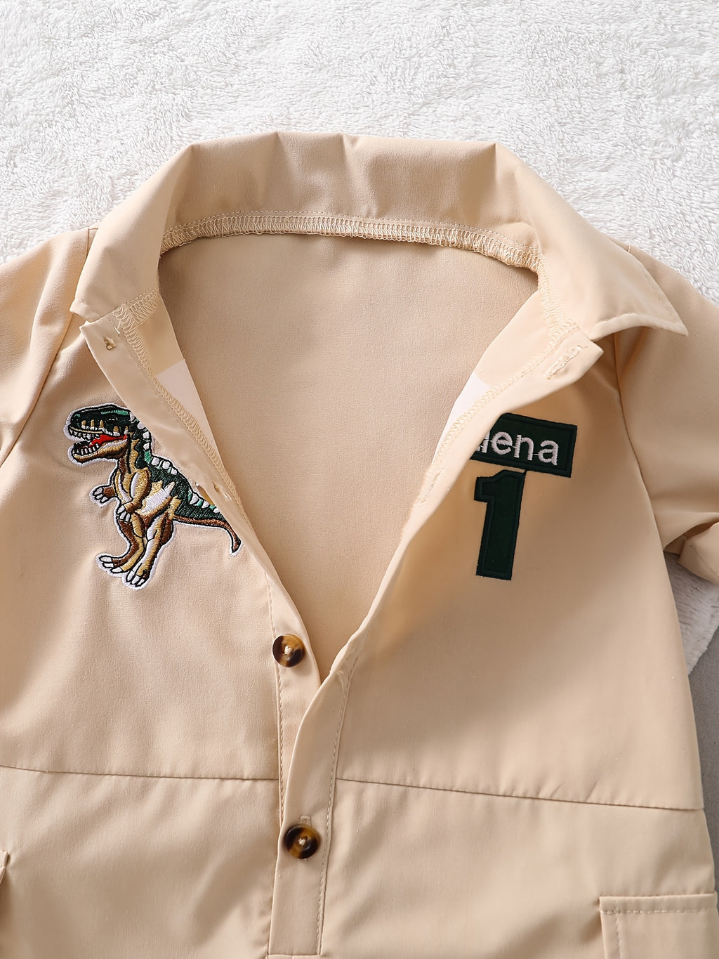 Dinosaur Embroidery Short Sleeve Romper with Belt & Sun Hat