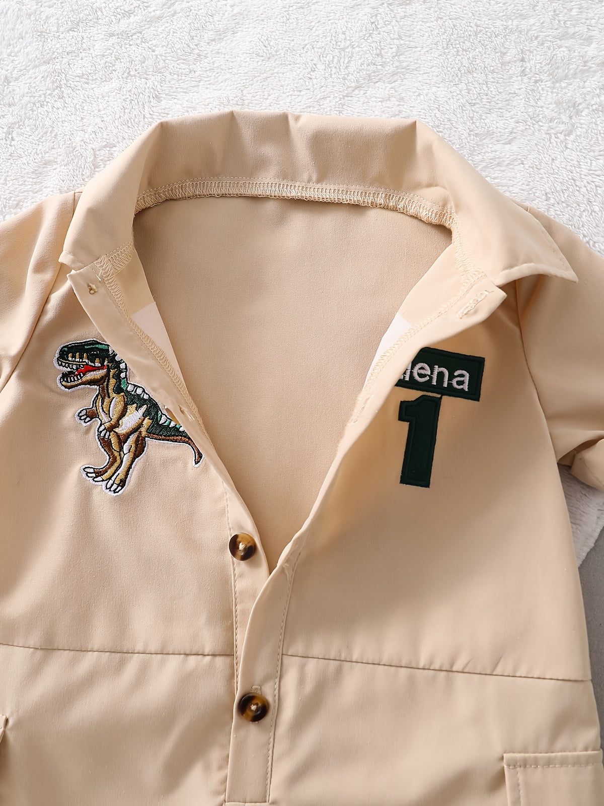 Dinosaur Embroidery Short Sleeve Romper with Belt & Sun Hat